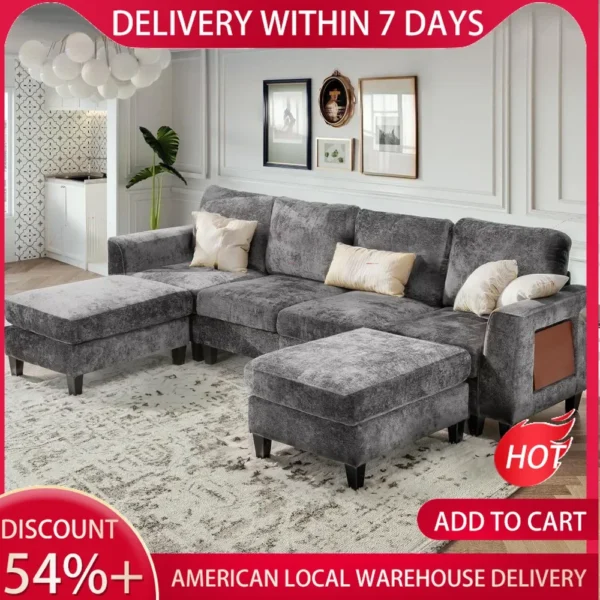 118 Inch U Shaped Sectional Couches,4 Seat Modular Sofa with 2 Ottoman and Foldable Side Table for Living Room,Brown - Image 2