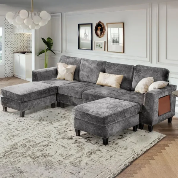 118 Inch U Shaped Sectional Couches,4 Seat Modular Sofa with 2 Ottoman and Foldable Side Table for Living Room,Brown