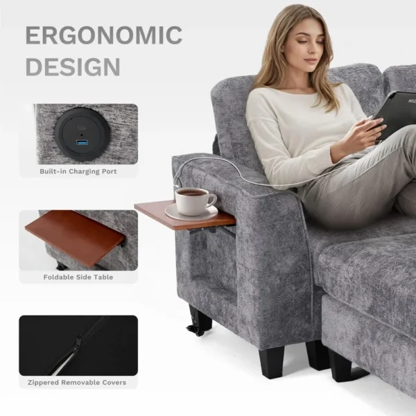 118 Inch U Shaped Sectional Couches,4 Seat Modular Sofa with 2 Ottoman and Foldable Side Table for Living Room,Brown - Image 5