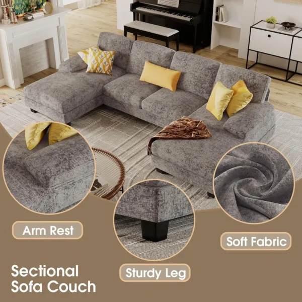 U-Shaped Sectional Sofa Couches for Living Room, 4 Seat Linen Fabric Couch Set with Double Chaise for Living Room, Apartment - Image 5