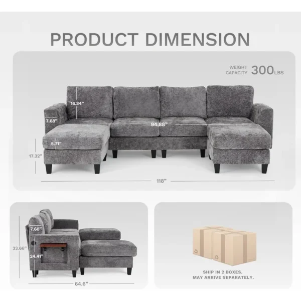 118 Inch U Shaped Sectional Couches,4 Seat Modular Sofa with 2 Ottoman and Foldable Side Table for Living Room,Brown - Image 3