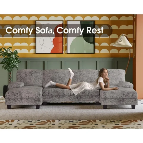 U-Shaped Sectional Sofa Couches for Living Room, 4 Seat Linen Fabric Couch Set with Double Chaise for Living Room, Apartment - Image 4