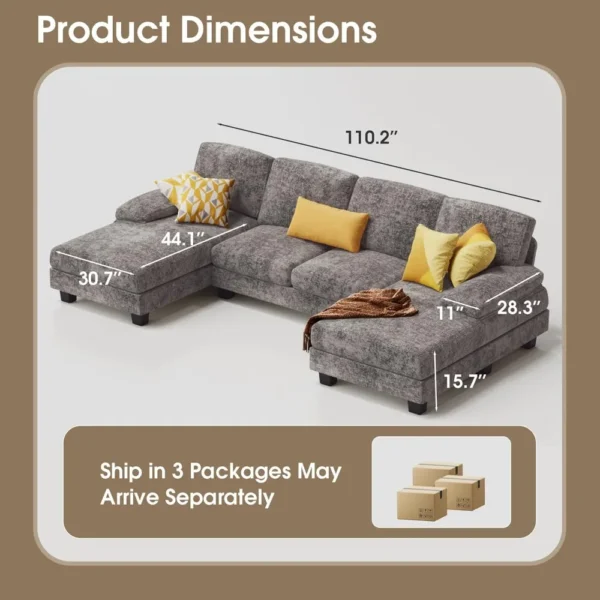 U-Shaped Sectional Sofa Couches for Living Room, 4 Seat Linen Fabric Couch Set with Double Chaise for Living Room, Apartment - Image 2