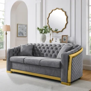 Velvet Luxury Chesterfield Sofa Set, 84" Tufted 3 Seat Couch, Gold Stainless, Living Room Grey Fabric